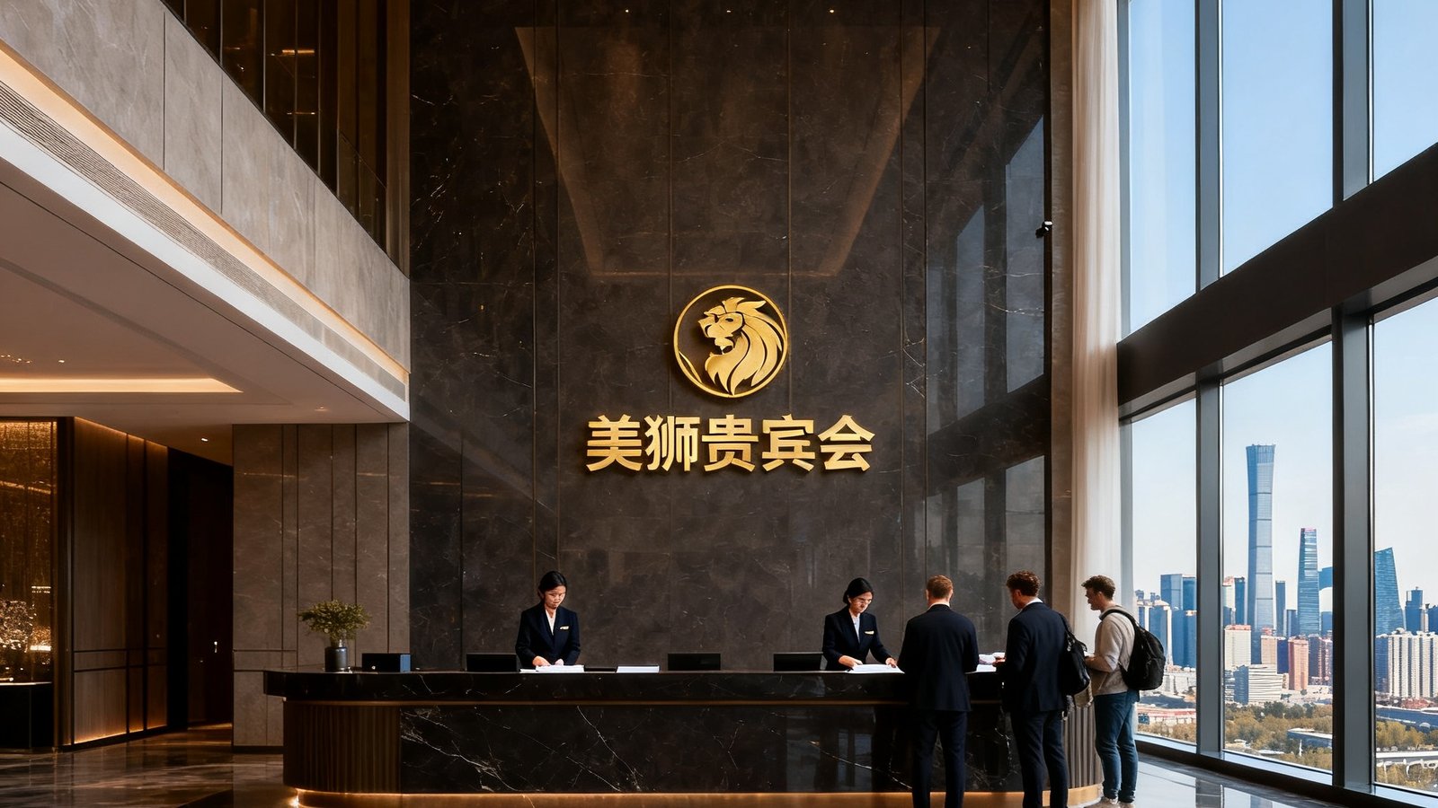 美狮贵宾会总部接待大厅实景拍摄，挑高8米的大堂以深色大理石铺地，前台后方悬挂着公司金色标识，三名身着深色职业装的接待专员正为来访的外宾团队办理签到手续，右侧落地窗外可见北京CBD天际线。